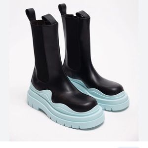 Bottega Veneta Black Leather Chelsea Boots with Light Blue Platform Soles